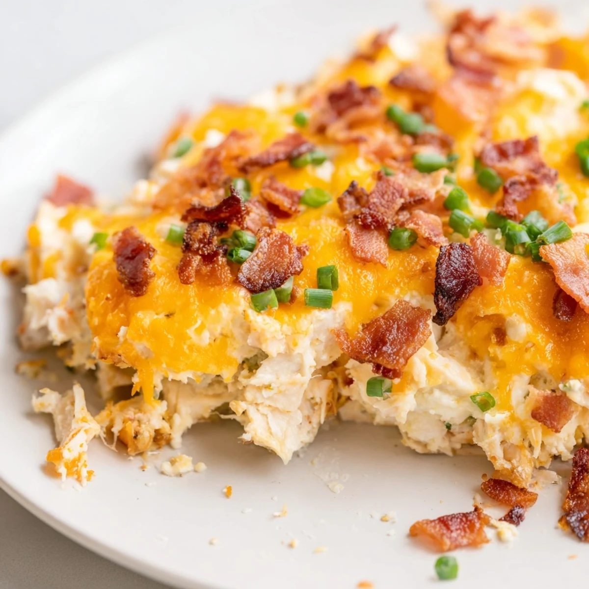 Baked crack chicken garnished with fresh chives showing gooey melted cheese and golden bacon strips