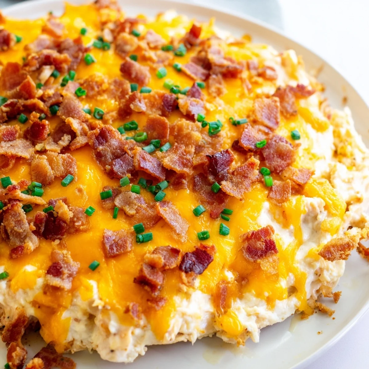Creamy baked crack chicken smothered in ranch cream cheese sauce topped with crumbled bacon bits