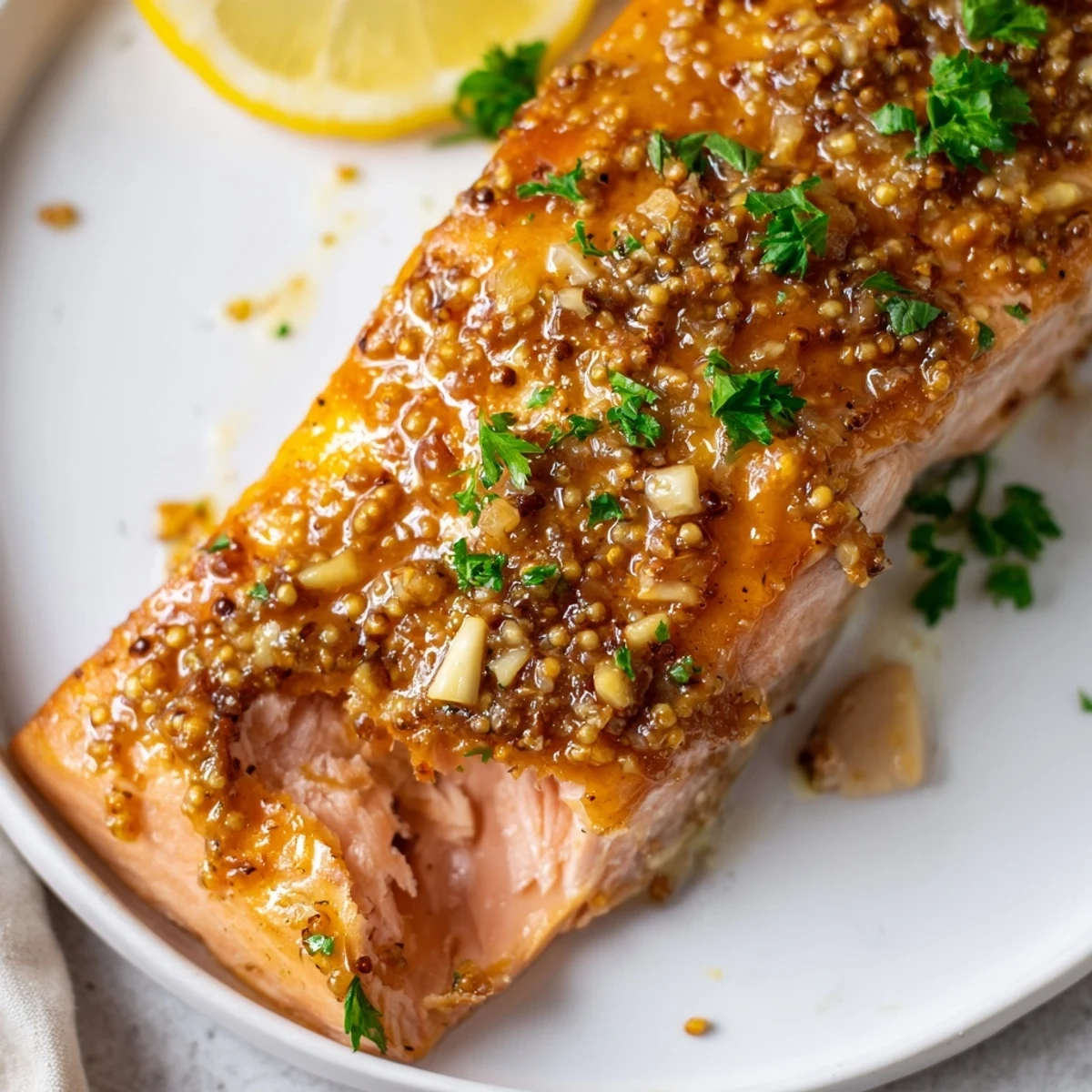 Golden baked honey mustard salmon fillets glistening with a sweet and tangy glaze on a parchment-lined baking sheet.