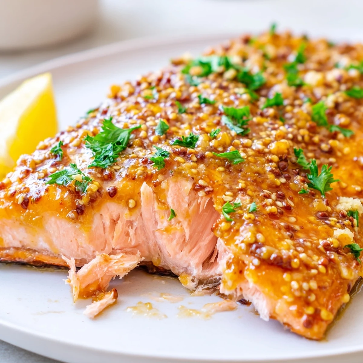 Juicy baked honey mustard salmon topped with chopped parsley and lemon wedges on a white plate.