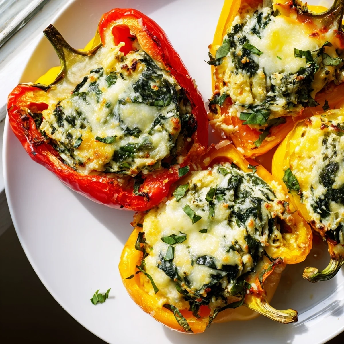 Golden mozzarella-topped ricotta stuffed peppers nestled in a rustic baking dish