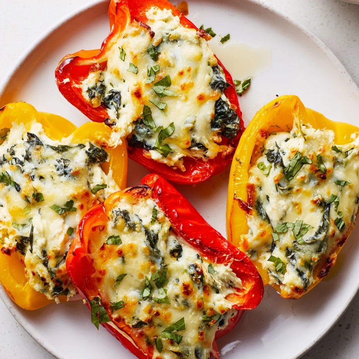 Vibrant bell peppers overflowing with creamy herb-flecked ricotta filling fresh from the oven