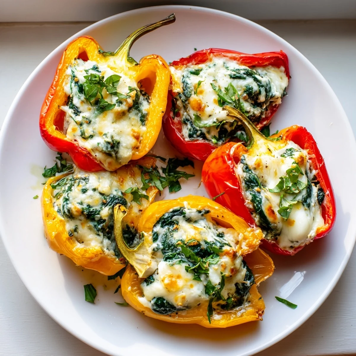 Roasted red pepper halves brimming with spinach ricotta filling and melted mozzarella