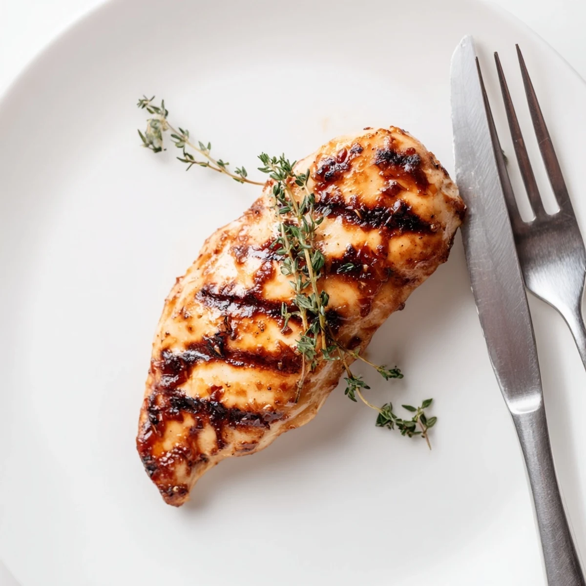 Golden brown Maple Dijon grilled chicken breasts resting on a white plate with char marks  