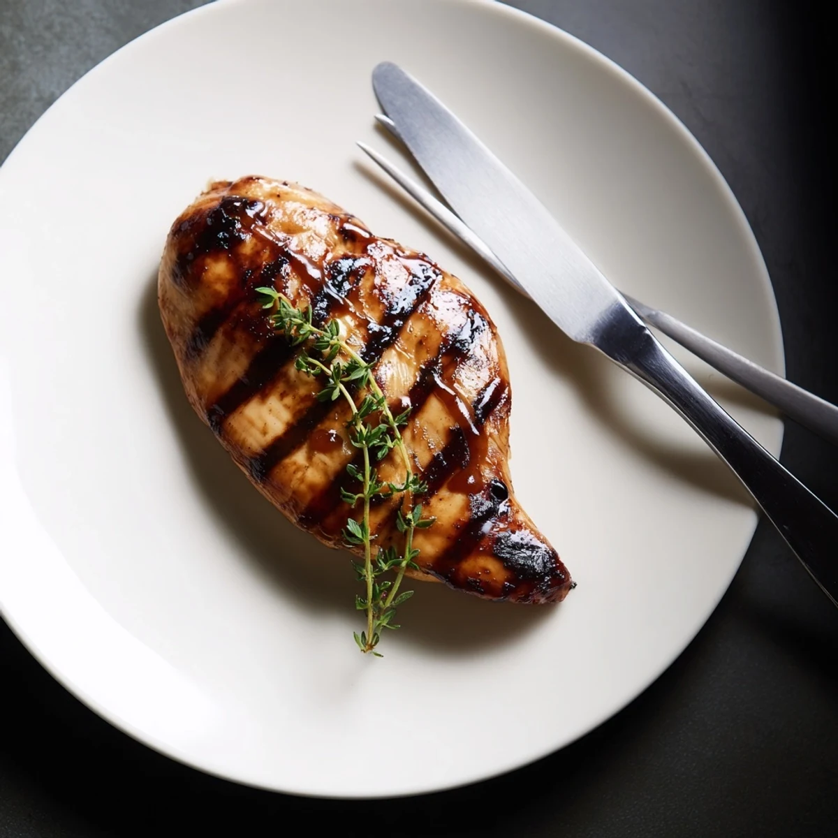 A delicious serving of Maple Dijon grilled chicken garnished with fresh thyme sprigs  