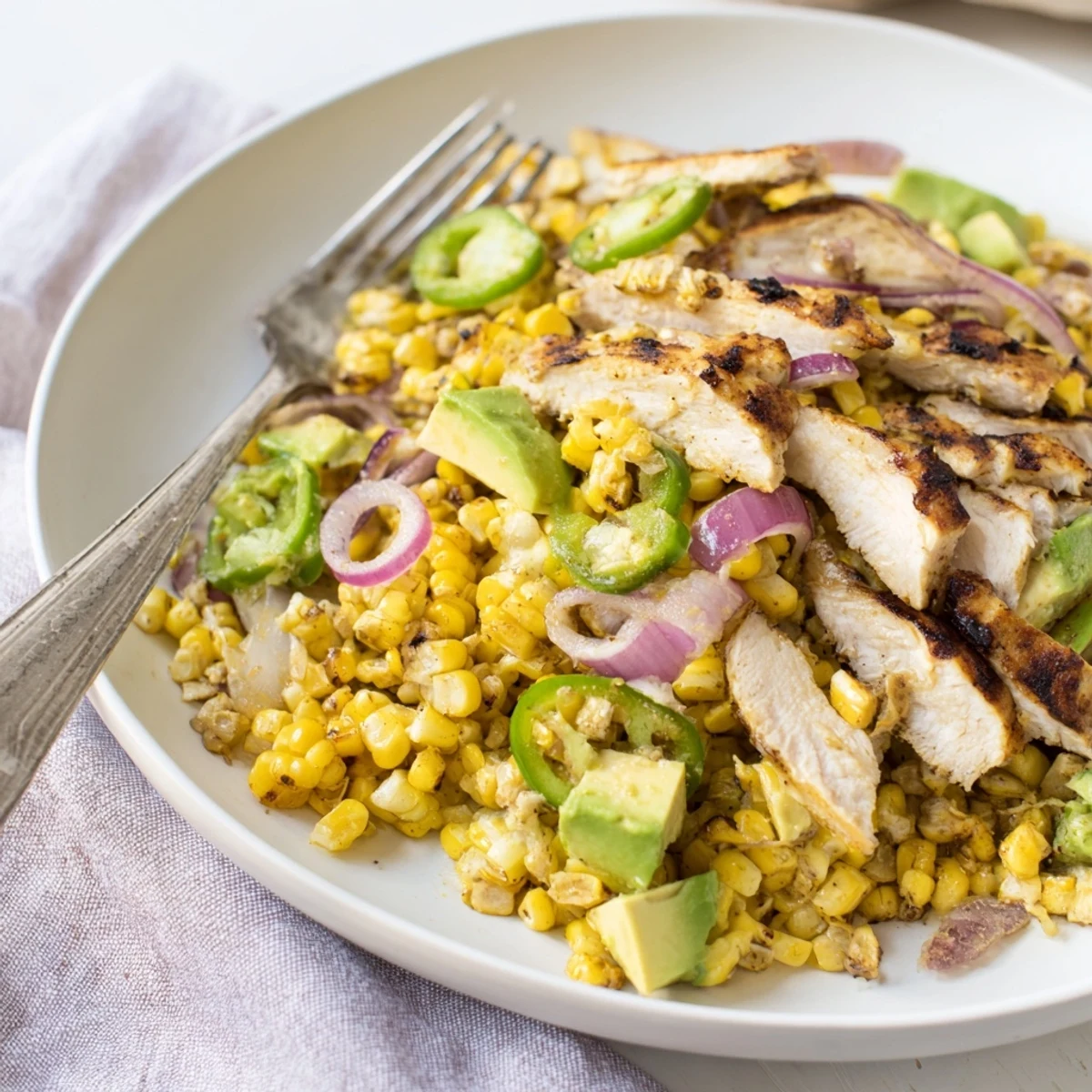 Hearty bowl of spicy chicken street corn salad featuring juicy grilled breast and crisp veggies.