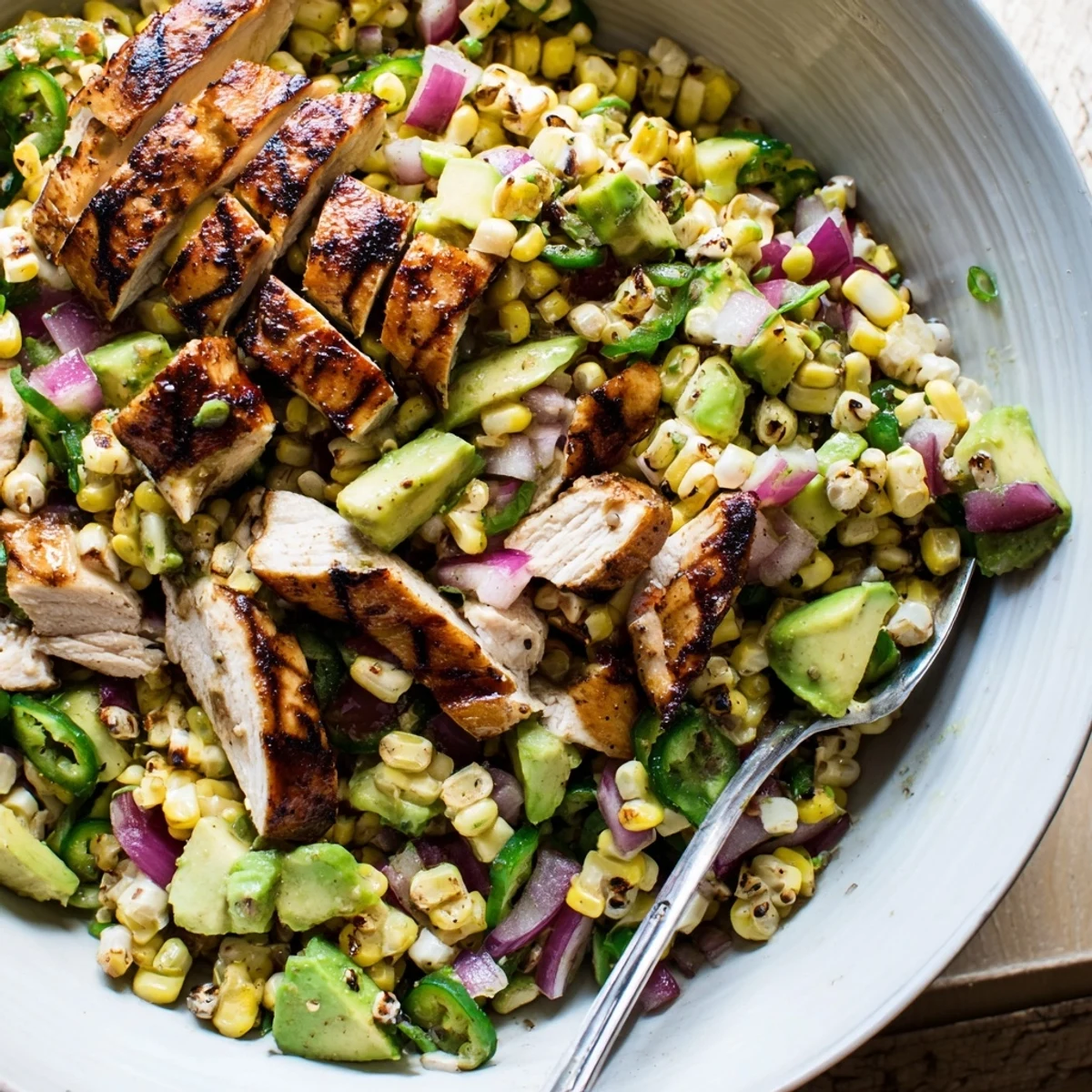 Vibrant high protein chicken street corn salad loaded with grilled corn avocado cotija cheese.