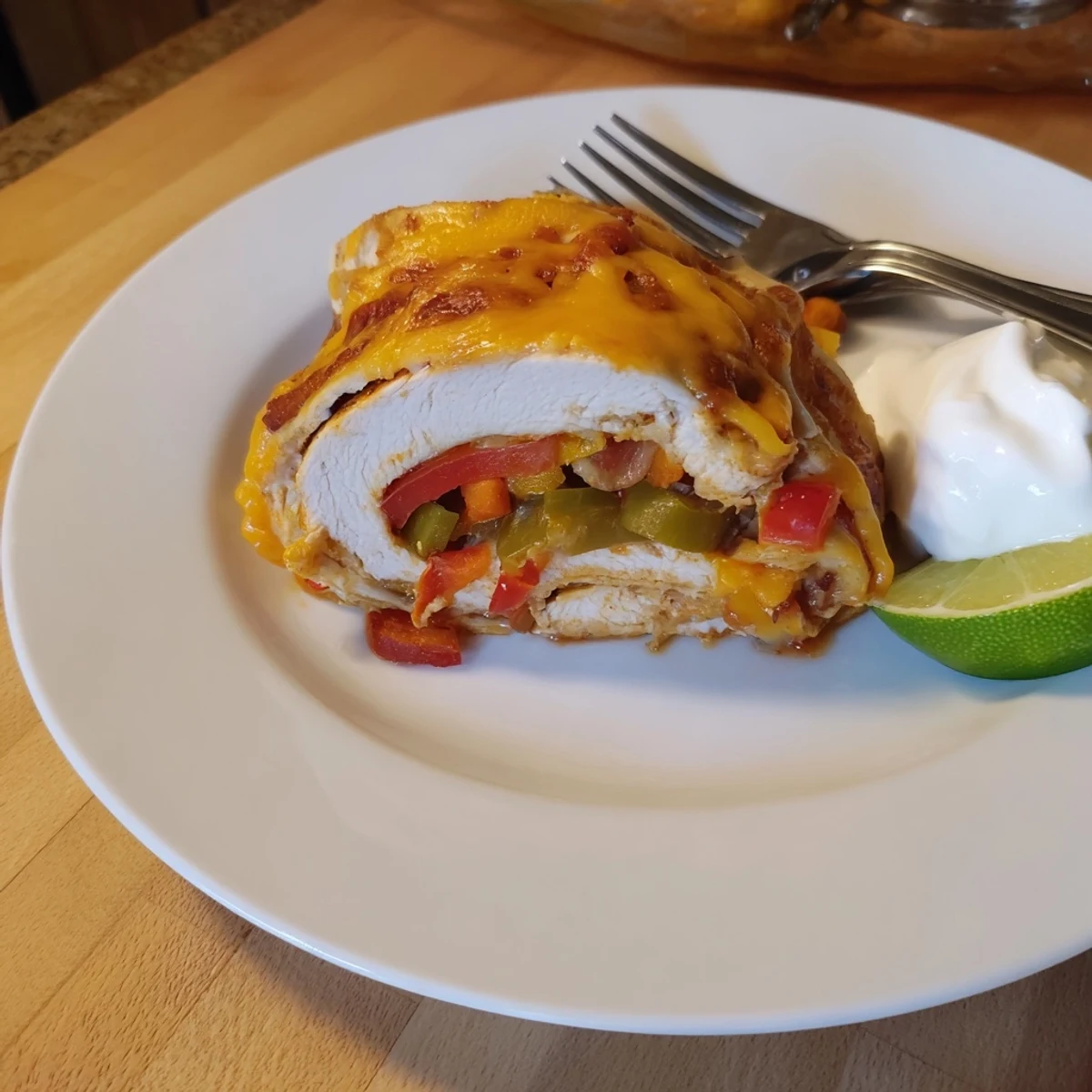Golden brown baked chicken fajita roll ups garnished with fresh cilantro and lime wedges.