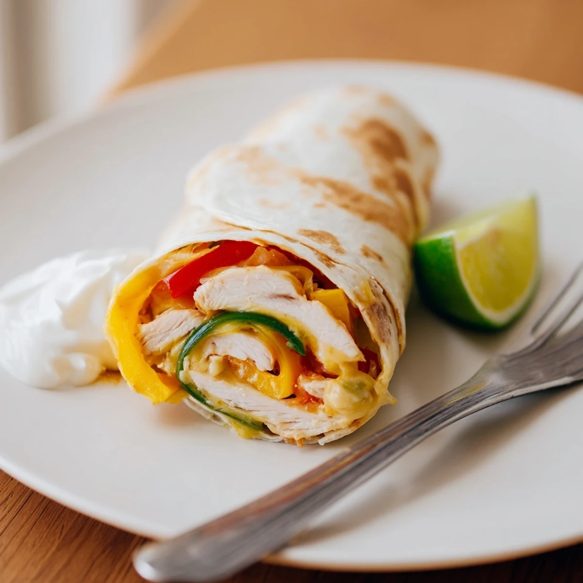 Sliced baked chicken fajita roll ups stuffed with bell peppers and melted Monterey Jack cheese.