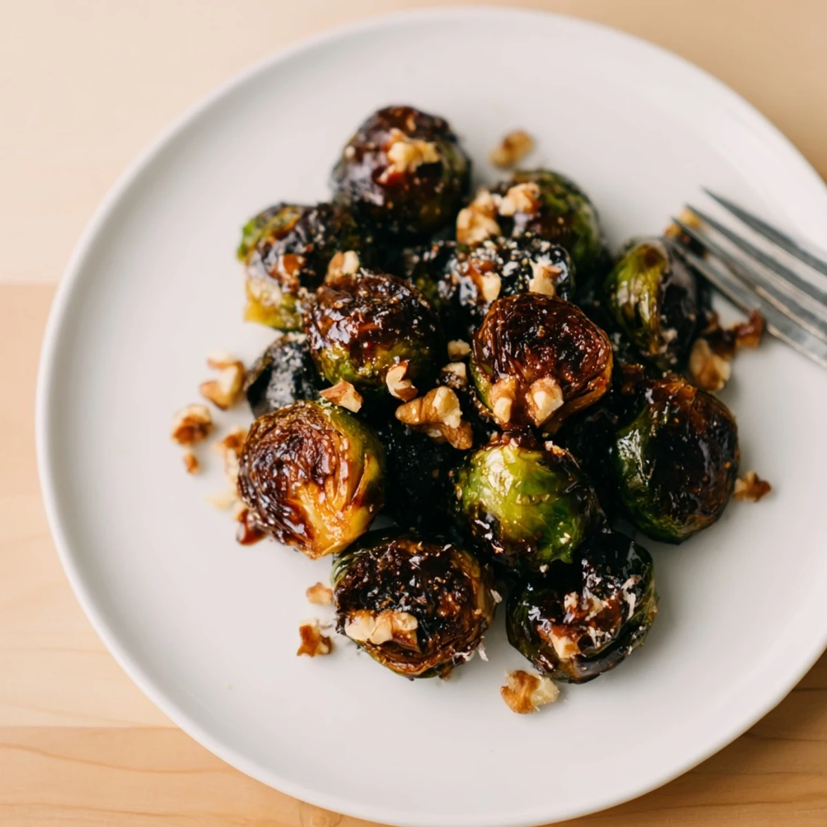 Golden honey balsamic Brussels sprouts roasted to crispy perfection on a white serving plate  