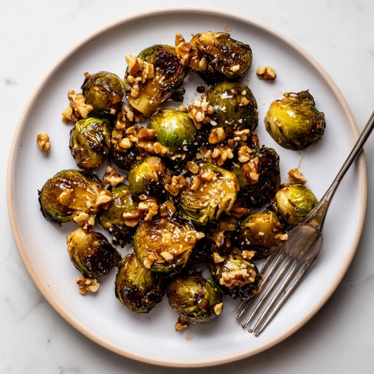 Close up of sweet and tangy honey balsamic Brussels sprouts glazing in a baking dish