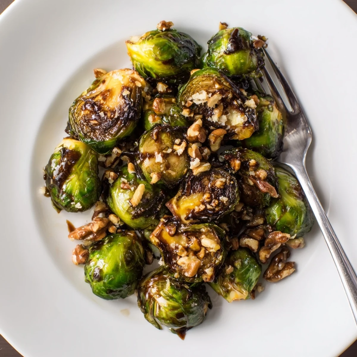 Caramelized honey balsamic Brussels sprouts garnished with toasted pecans and grated Parmesan cheese  