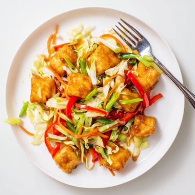 A close-up of vibrant Stir Fried Tofu and Cabbage shows red bell peppers and carrots alongside golden tofu.  
