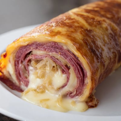 Hearty Keto Crispy Reuben Roll Ups filled with tangy sauerkraut and served with creamy Russian dressing for dipping