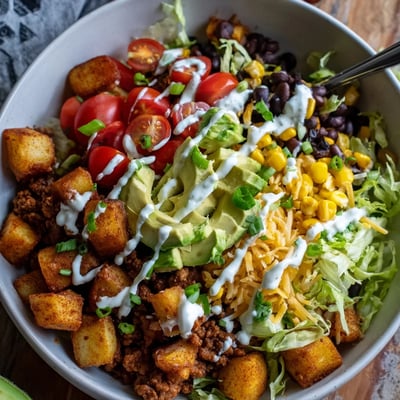 Colorful Loaded Potato Taco Bowl with avocado, corn, black beans, and a drizzle of lime crema on a rustic table.