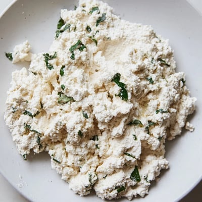 Close-up of Tofu Ricotta spread on crostini with cherry tomatoes and a drizzle of olive oil.