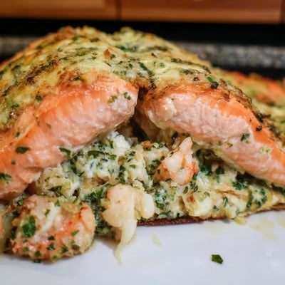 Freshly prepared Crab & Shrimp Stuffed Salmon showcases the rich, savory filling with crab and shrimp, garnished with bright lemon wedges for a pescatarian dinner.