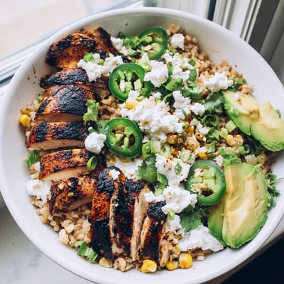 A vibrant serving of Street Corn Chicken Bowl drizzled with tangy crema and garnished with cotija cheese and lime.