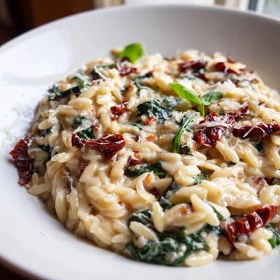 Bowl of creamy Tuscan orzo topped with fresh basil and Parmesan cheese