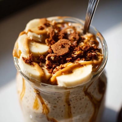 Biscoff overnight oats layered with cookie crumbles and swirled speculoos spread for breakfast