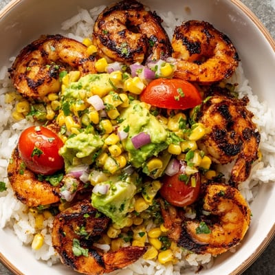 Juicy grilled shrimp bowl topped with bright avocado corn salsa and lime
