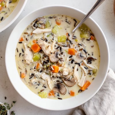 Thick creamy slow cooker chicken mushroom wild rice soup ladled into a rustic bowl