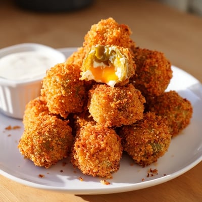 Fried crispy pickle cheese bites oozing melted cheddar on a platter