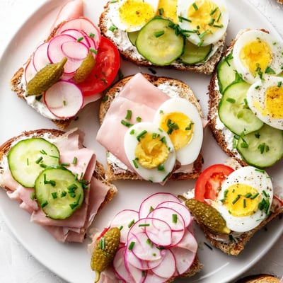 Crisp radishes and fresh chives garnish these open faced Polish sandwiches kanapki on a rustic platter