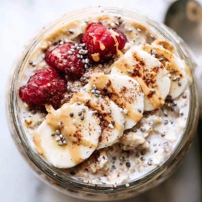 Thick vanilla protein overnight oats served cold with sliced banana toppings
