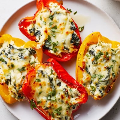 Vibrant bell peppers overflowing with creamy herb-flecked ricotta filling fresh from the oven